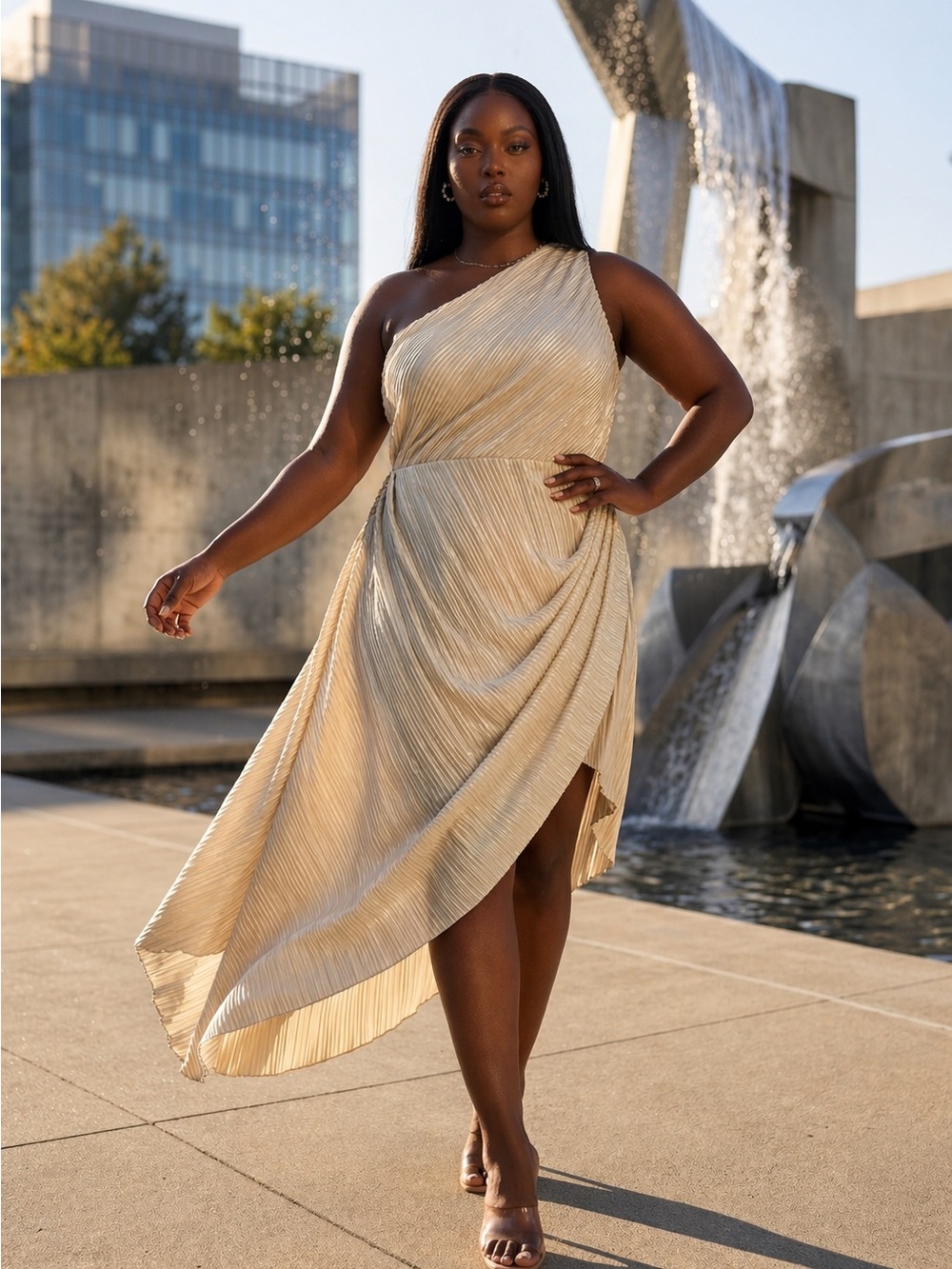 NWT Plus Size Asymmetric One-Shoulder Pleated Midi Dress in Champagne Gold